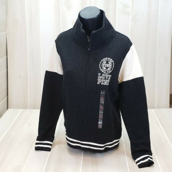 Victoria's Secret PINK Sweatshirt Small Oversized Pullover Black 1/4 Zip Campus - Picture 2 of 6